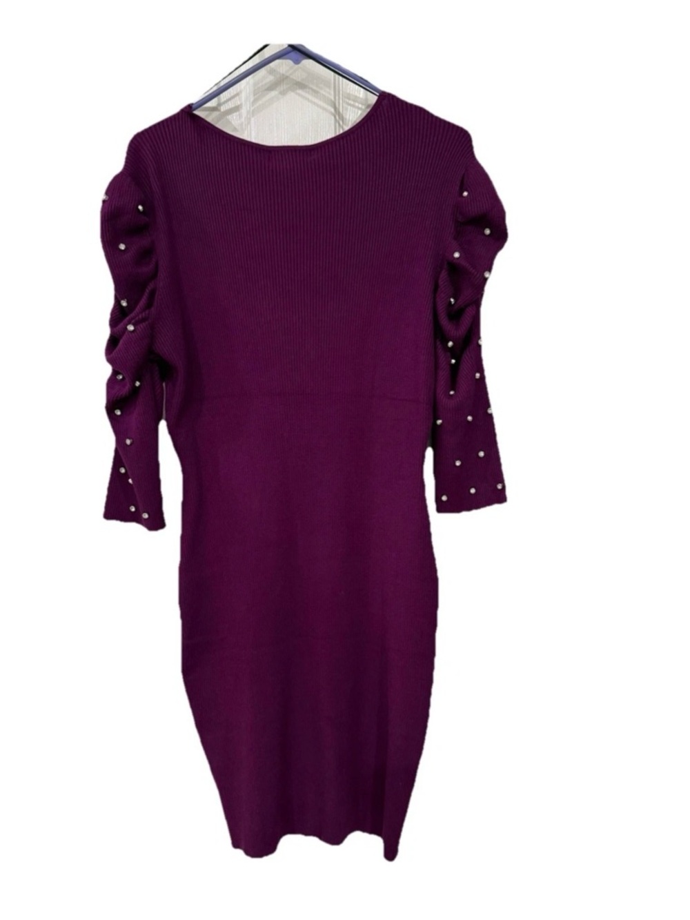 NWT Knit Ribbed Belted Midi Dress with Embellished Sleeves Statement Wine - Picture 5 of 7